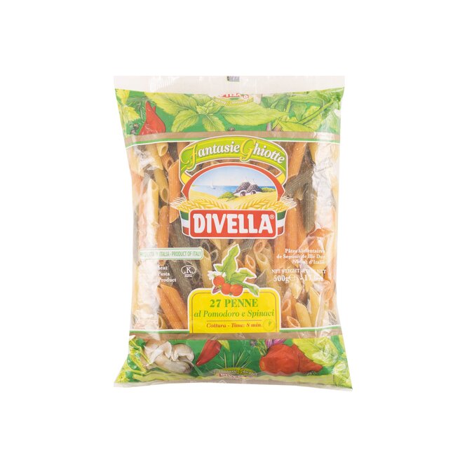 Fideos penne con tomate y espinaca Divella 500 gramos