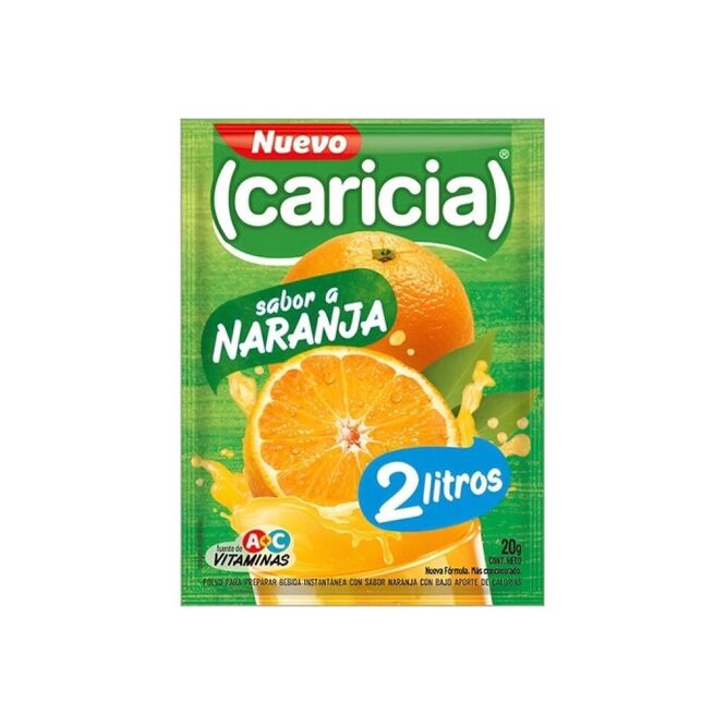 Jugo en polvo Sabor Naranja para 2 litros en Polvo Caricia 20 gramos