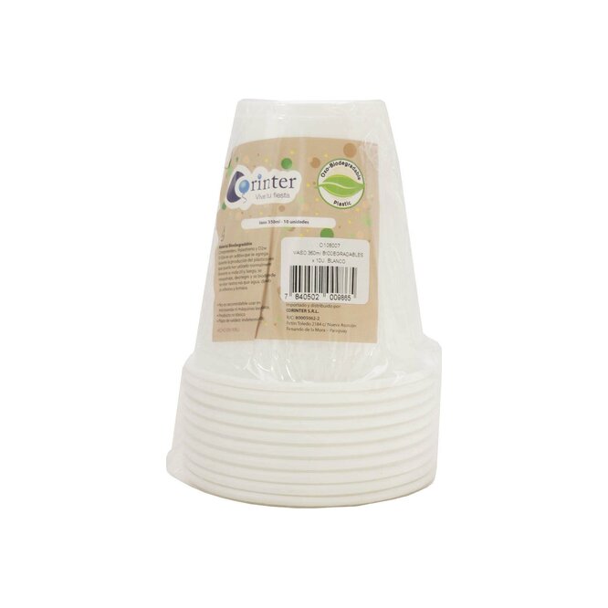 Vasos biodegradables color blanco 350 ml en paquete Corinter 10 unidades