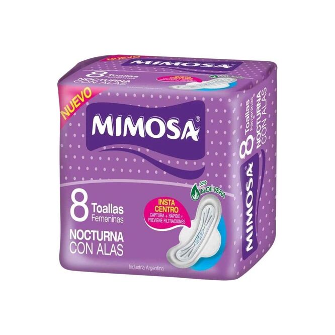 Toallas femeninas nocturna con aloe vera con alas mimosa 8 unidades