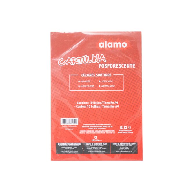 Cartulina fosforescente tamaño A4 Alamo 10 unidades