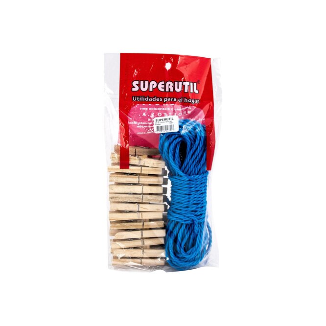 Pack de 1 cuerda de 15 cm y 24 pinzas de madera en paquete Superútil 1 unidad