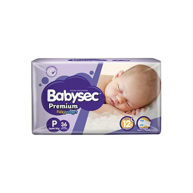 Pañales desechables premium talla p Babysec 36 unidades