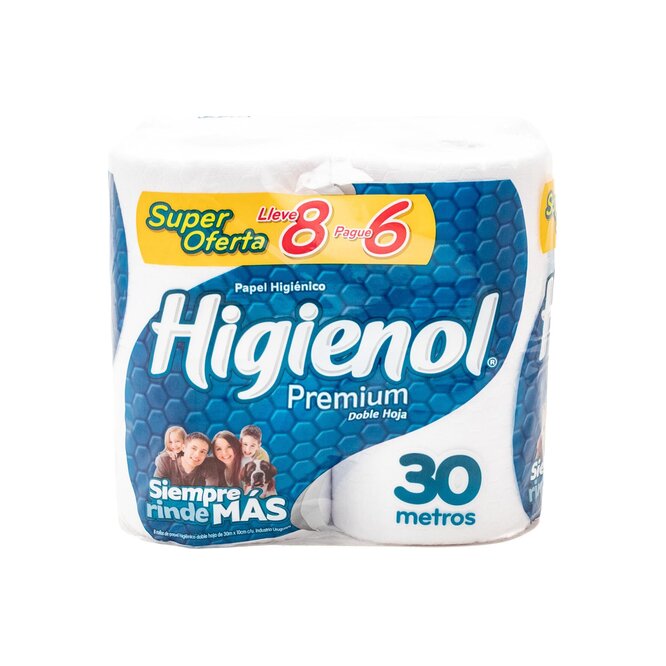 Papel higiénico premium doble hoja Higenol 8 unidades