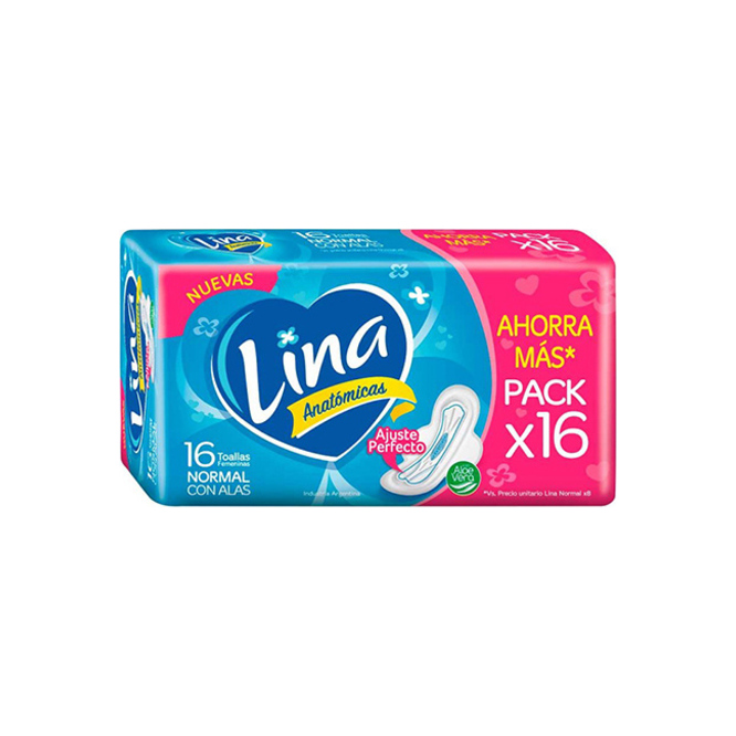 Toallas Femeninas Normal con Alas Lina 16 unidades