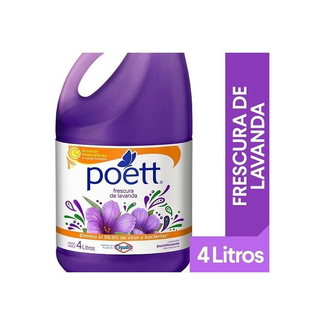 Limpiador Desinfectante con Aroma Frescura de Lavanda en botella descartable Poet 4 litros