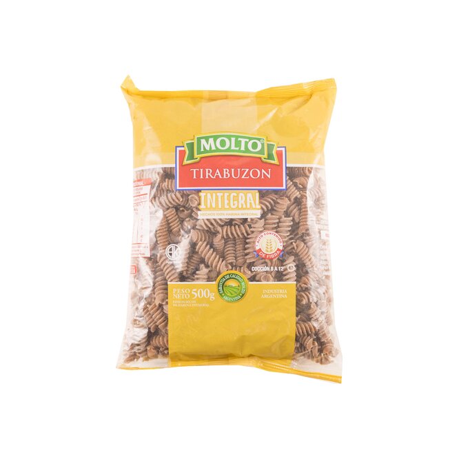 Fideos secos integral tirabuzón en paquete Molto 500 gramos