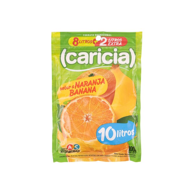 Jugo en polvo sabor naranja banana para 10 litros en sobre Caricia 100 gramos