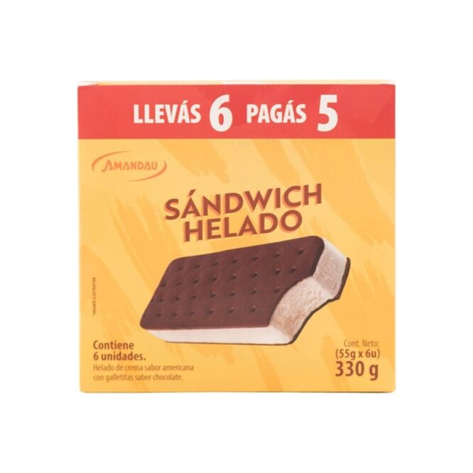 Helado sándwich de crema americana con galleta de chocolate Amandau 330 gramos