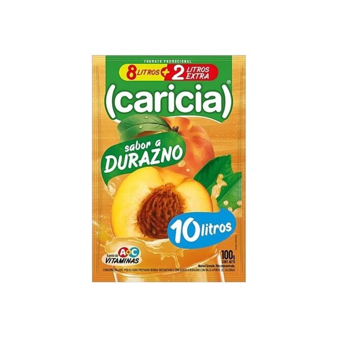 Jugo en polvo sabor Durazno para 10 litros en sobre Caricia 100 gramos