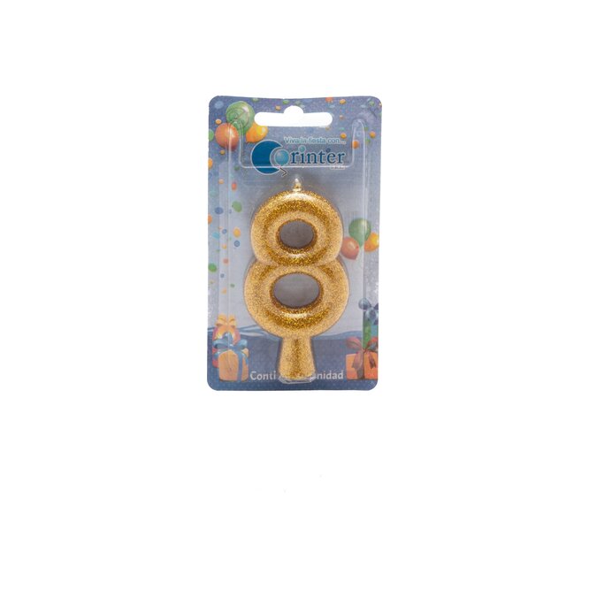 Vela color dorado-plata tubular blíster N° 8 Corinter 1 unidad