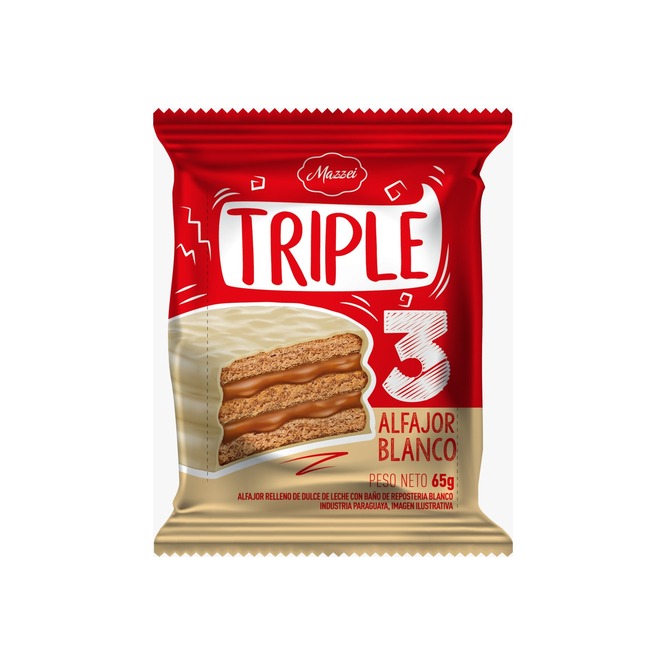 Alfajor triple relleno con chocolate blanco paquete Mazzei 65 gramos