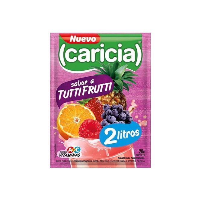 Jugo en polvo sabor tutti frutti rinde 2 litros Caricia 20 gramos