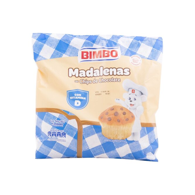 Magdalenas con chips de chocolate en paquete Bimbo 6 unidades