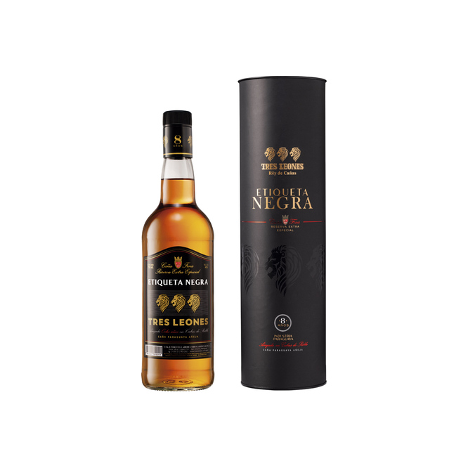 Caña añejada etiqueta negra 8 años botella descartable Tres leones 750 ml