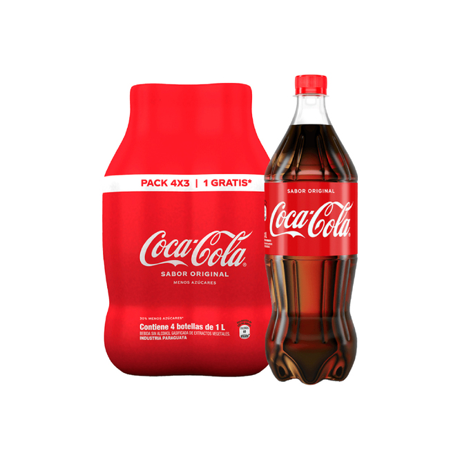 Gaseosa menos azúcares pack 4 unidades Coca Cola 1 litro