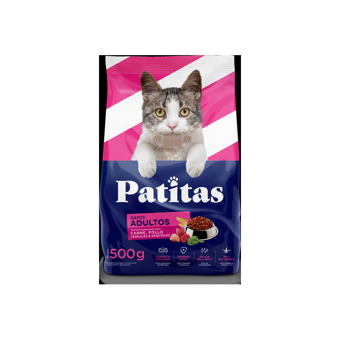 Alimento para gato adulto sabor carne y pollo bolsa Patitas 500 gramos