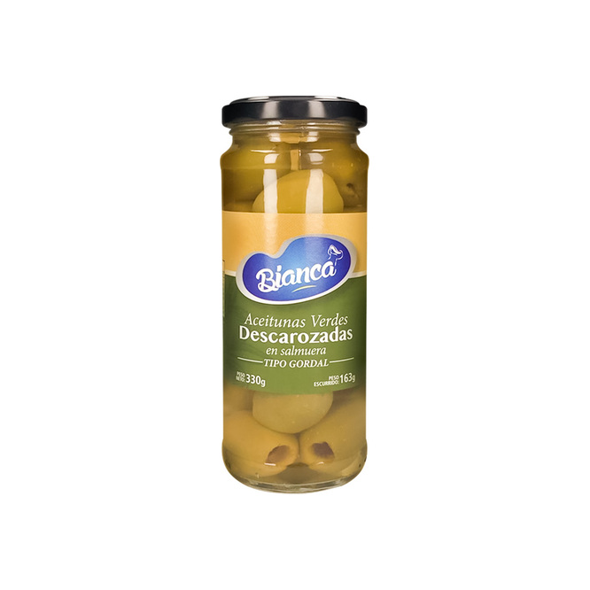 Aceitunas verdes descarozadas frasco de vidrio Bianca 330 gramos