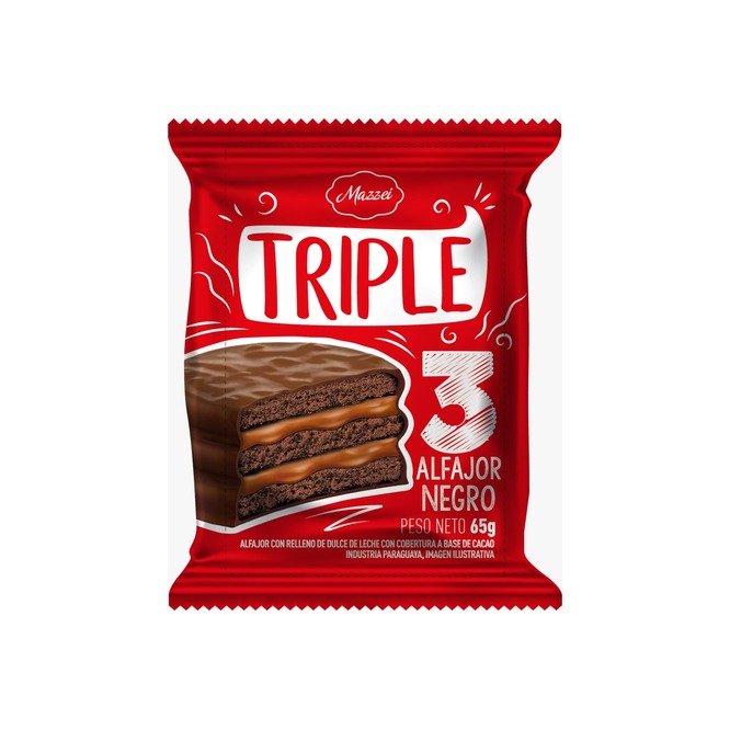Alfajor triple relleno con chocolate negro paquete Mazzei 65 gramos