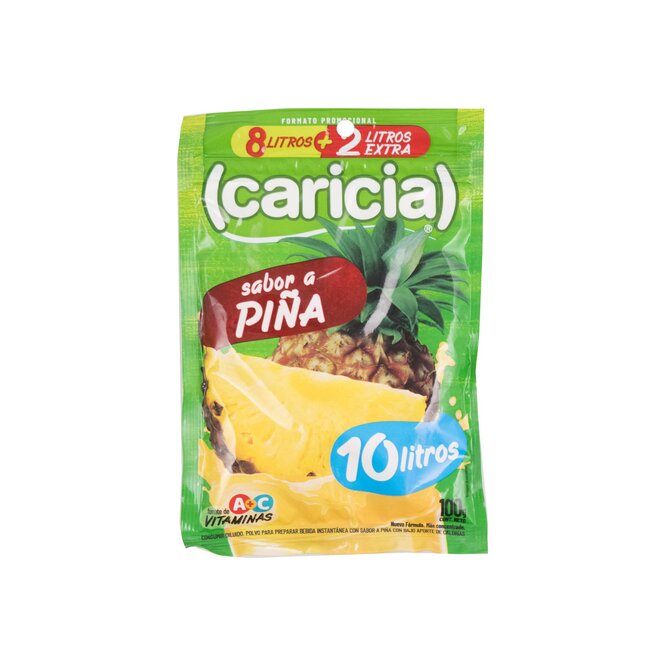 Jugo en polvo sabor piña para 10 litros en sobre Caricia 100 gramos