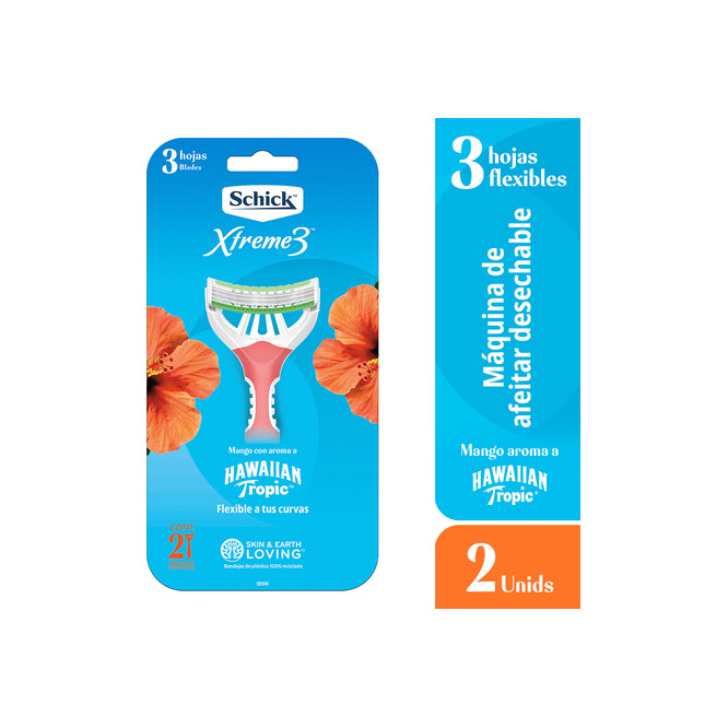 Máquina de afeitar desechable con mango aroma a Hawaiian Tropic en paquete Schick Xtreme 2 unidades