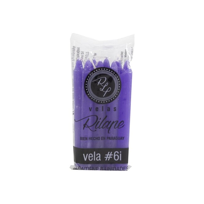 Velas color lila chico Nro 6 en paquete Rilape 8 unidades