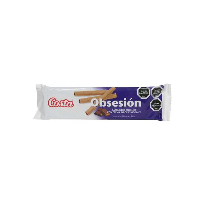 Galletita tipo barquillo relleno de chocolate en paquete Obsesión Costa 85 gramos