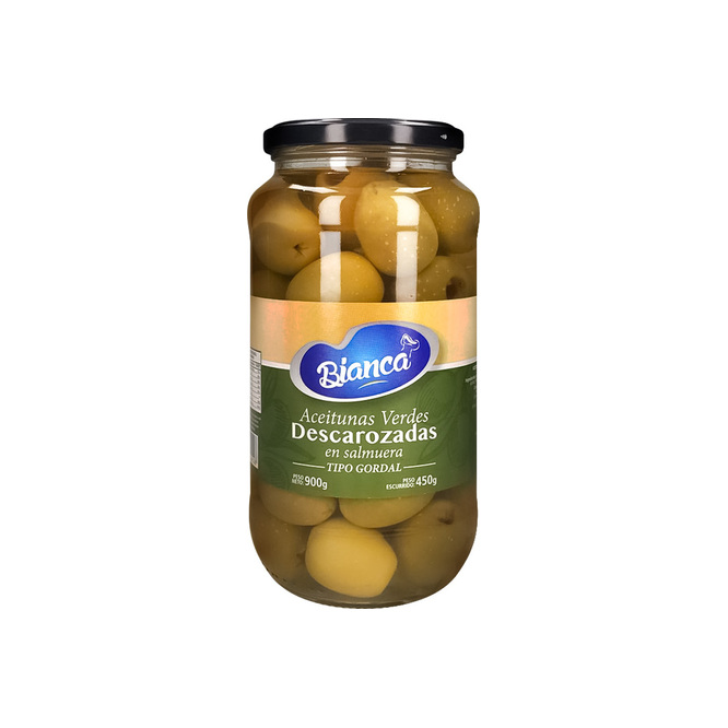 Aceitunas verdes descarozadas frasco de vidrio Bianca 900 gramos
