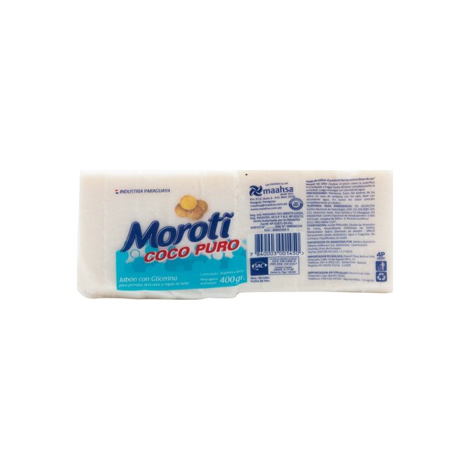 Jabón de lavar coco puro en pan Moroti 400 gramos