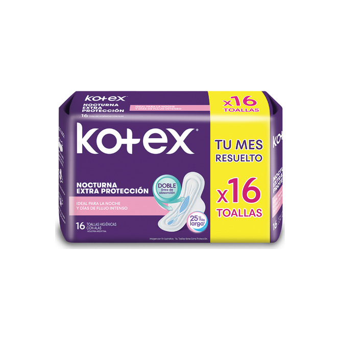 Toalla Femenina Nocturna con Alas Extra Suave Kotex 16 unidades