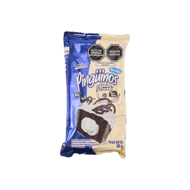 Bizcochuelo sabor cookies y crema Pingüinos Marinela 80 gramos