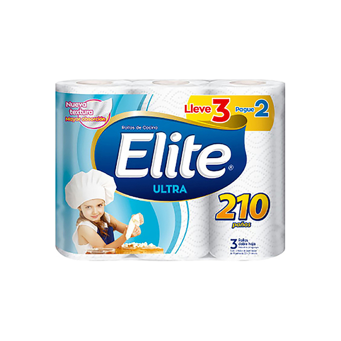 Rollos de cocina ultra doble hoja 210 paños Elite 3 unidades
