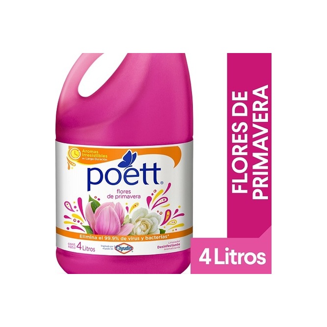 Limpiador Desinfectante con Aroma Flores de Primavera en botella descartable Poett 4 litros