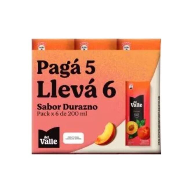 Jugo líquido sabor durazno pack 6 unidades Del Valle 200 ml