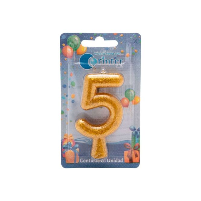 Vela color dorado-plata tubular blíster N° 5 Corinter 1 unidad