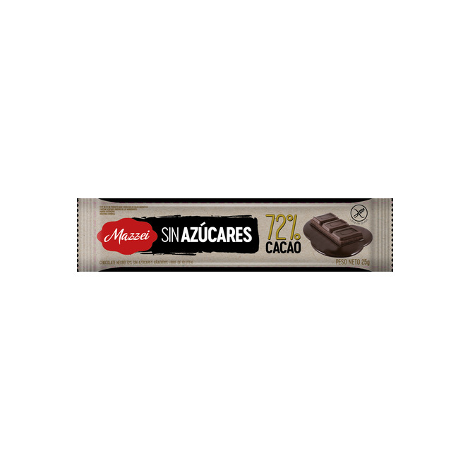 Chocolate negro sin azúcar 72% cacao tableta Mazzei 25 gramos