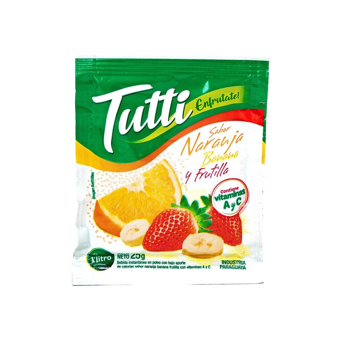 Jugo naranja banana frutilla en polvo paquete Tutti 25 gramos