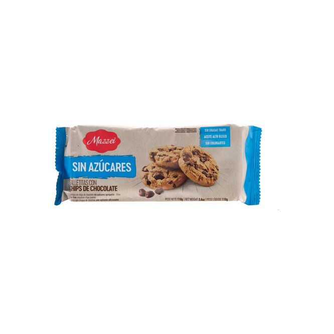 Galletitas chips de chocolate sin azúcar paquete Mazzei 110 gramos