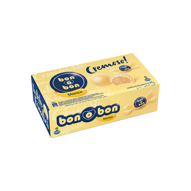 Bombón de chocolate blanco relleno con crema de maní en caja Bon o Bon 270 gramos