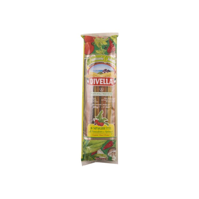 Fideos spaghetti con tomate espinaca Divella 500 gramos