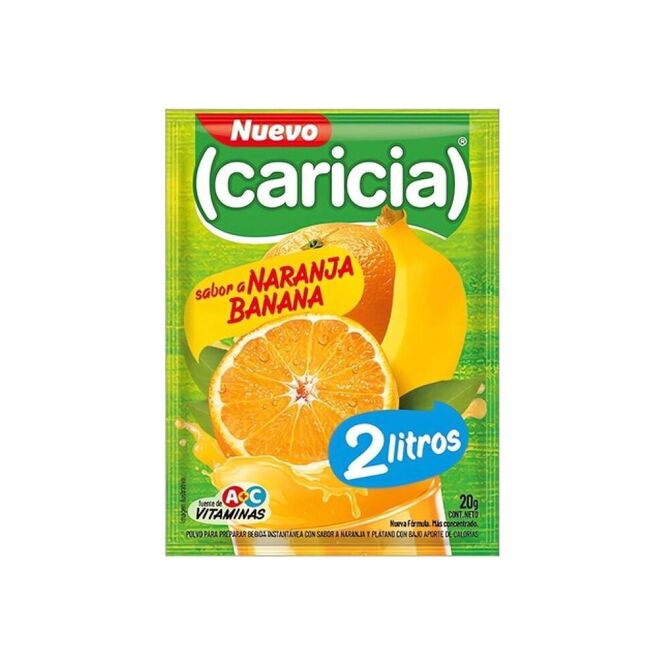 Jugo en polvo Sabor Naranja y Banana para 2 litros en Polvo Caricia 20 gramos