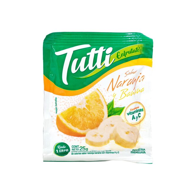 Jugo sabor naranja banana en polvo paquete Tutti 25 gramos
