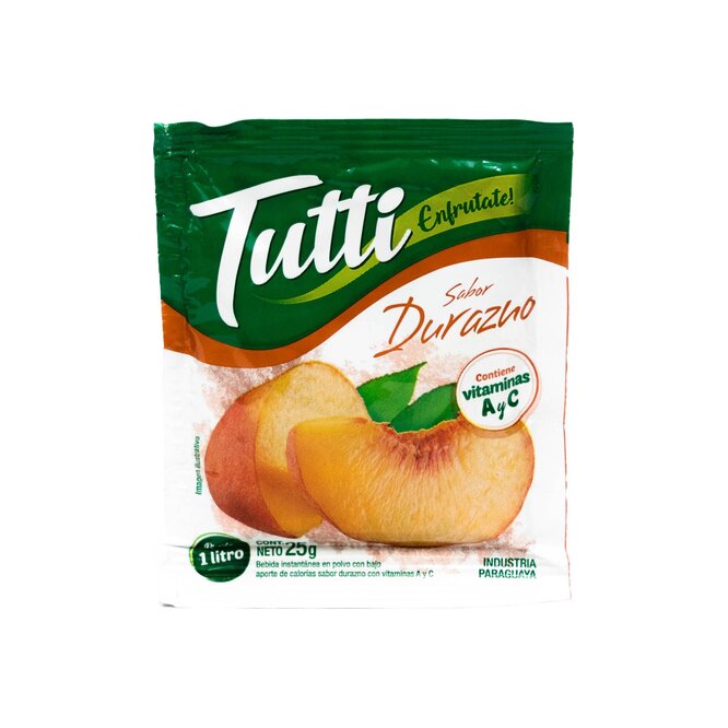 Jugo sabor durazno en polvo paquete Tutti 25 gramos