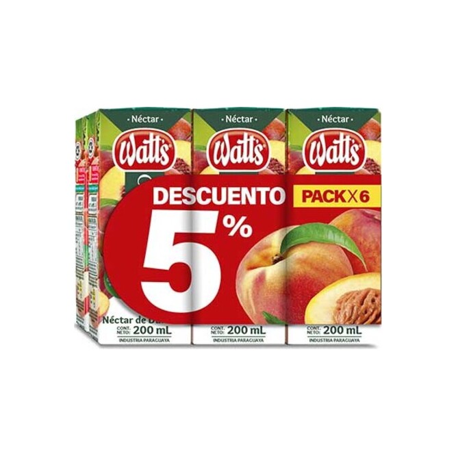 Jugo sabor durazno tetra pack de 6 unidades Watts 200 ml