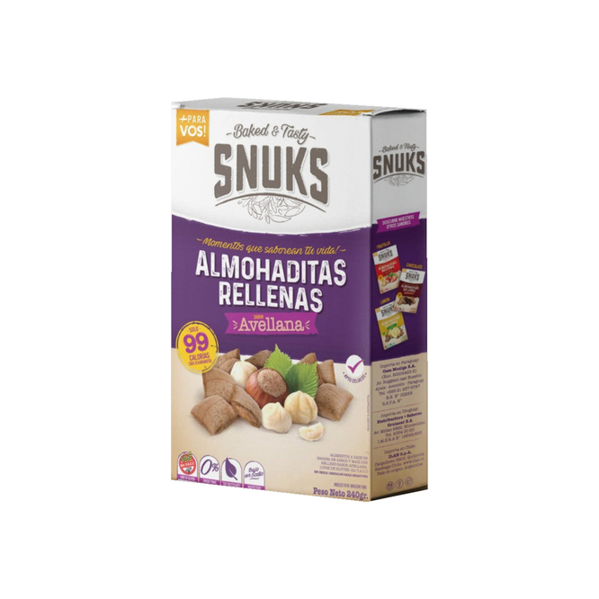 Snacks sin gluten almohaditas rellenas con avellanas en caja Snuks 240 gramos