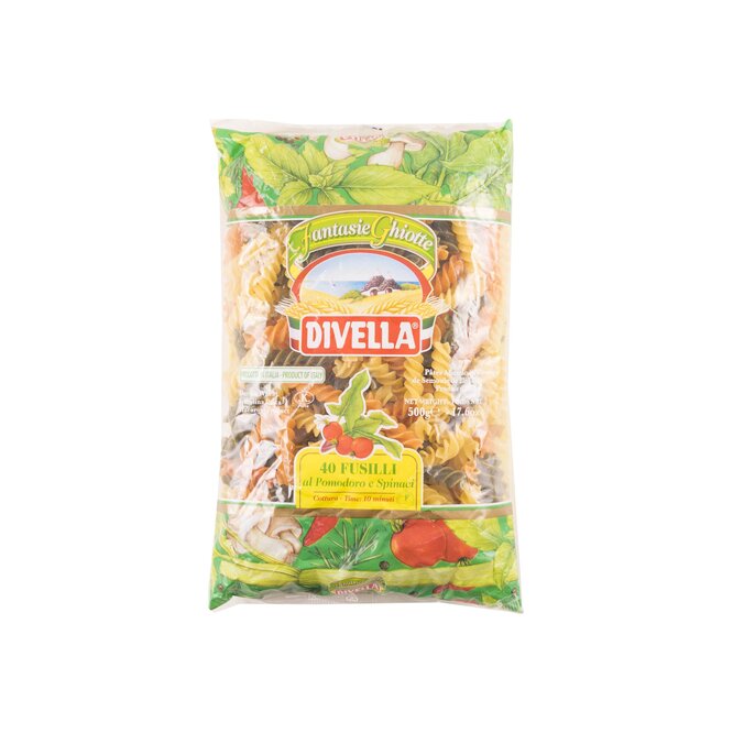 Fideos fusilli con tomate y espinaca Divella 500 gramos