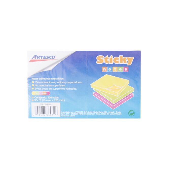 BLOCK NOTAS ADHESIVAS NEON 100UN ARTESCO