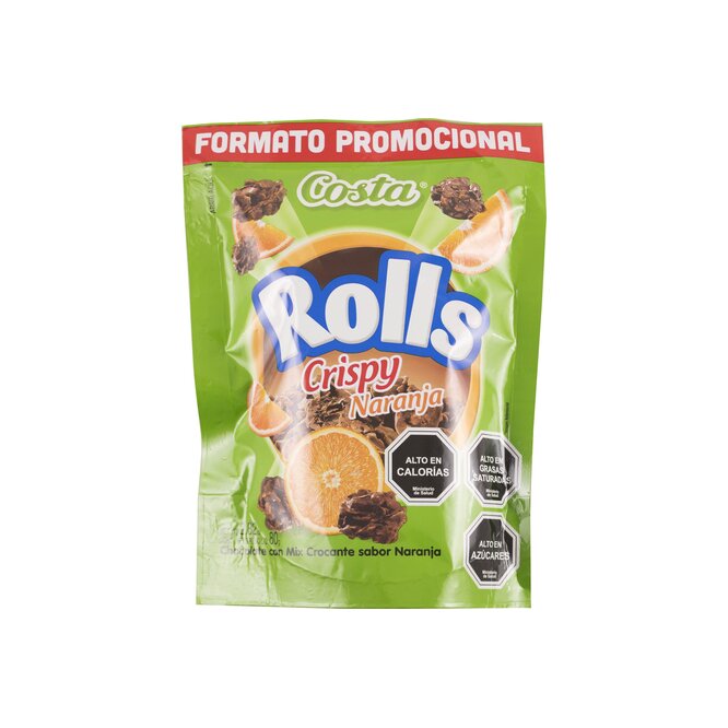 Chocolate con mix crocante sabor naranja en paquete Rolls Costa 80 gramos
