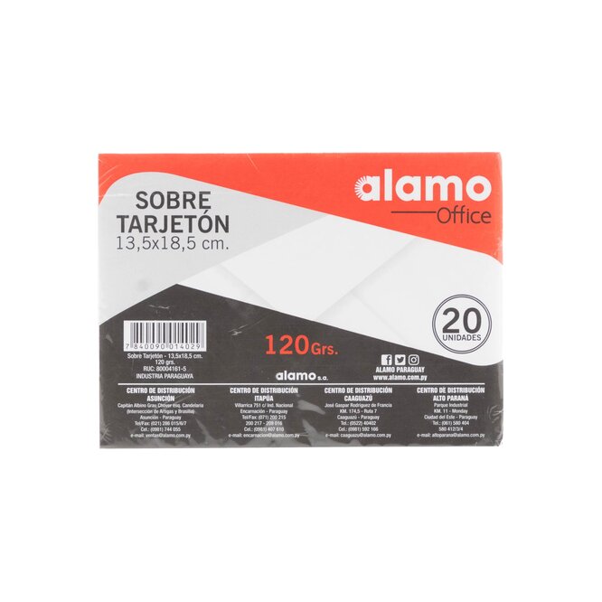 SOBRE TARJETON 13,5X18,5CM ALAMO 20 UNID