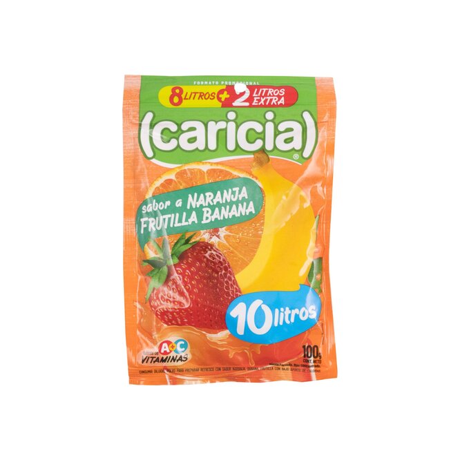 Jugo en polvo sabor naranja frutilla banana para 10 litros en sobre Caricia 100 gramos